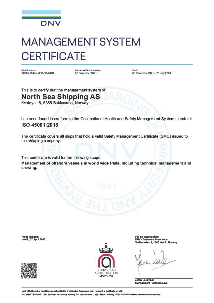 ISO 45001:2018 CERTIFICATE ISSUED TO NORTH SEA SHIPPING AS. 1